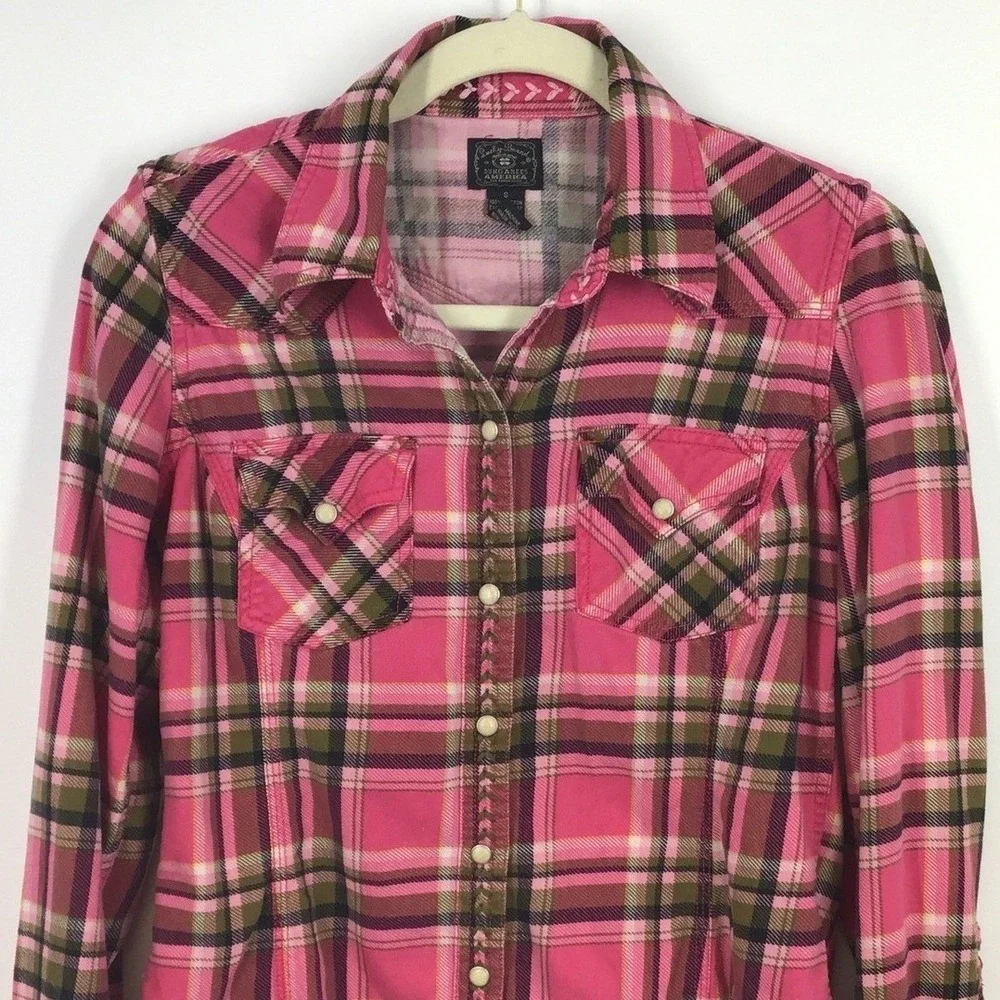 Lucky Brand Dungarees Pink Plaid Snap Western Shirt Embroidered Trim Vtg Size S - Picture 1 of 7